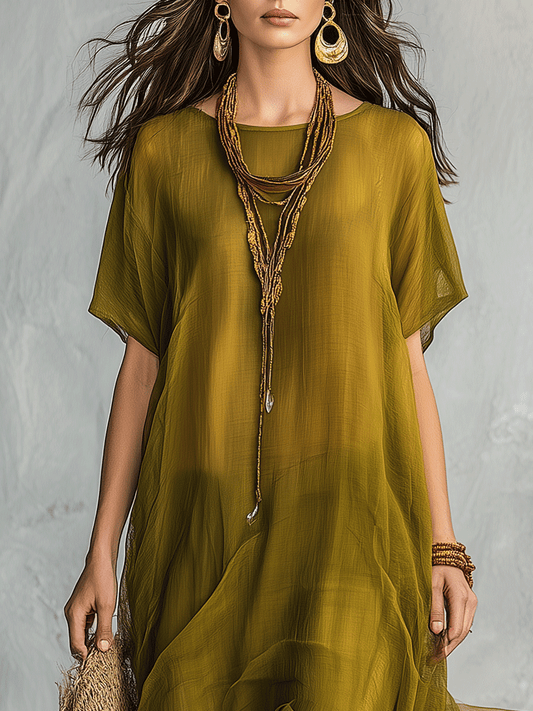 Vestido maxi boémio verde oliva com silhueta drapeada