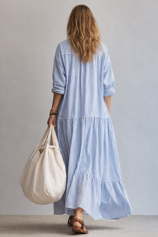 Vestido maxi de riscas azuis de estilo camisero folgado