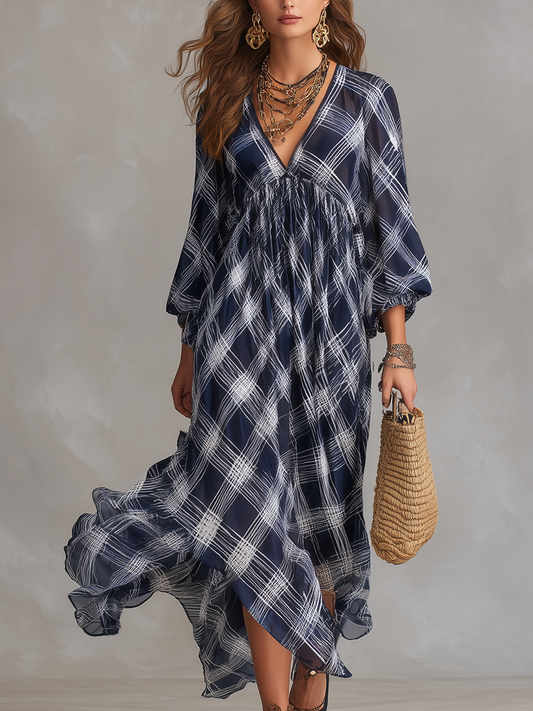 Vestido maxi fluido de estilo francês, azul marinho a quadrados, de corte relaxado