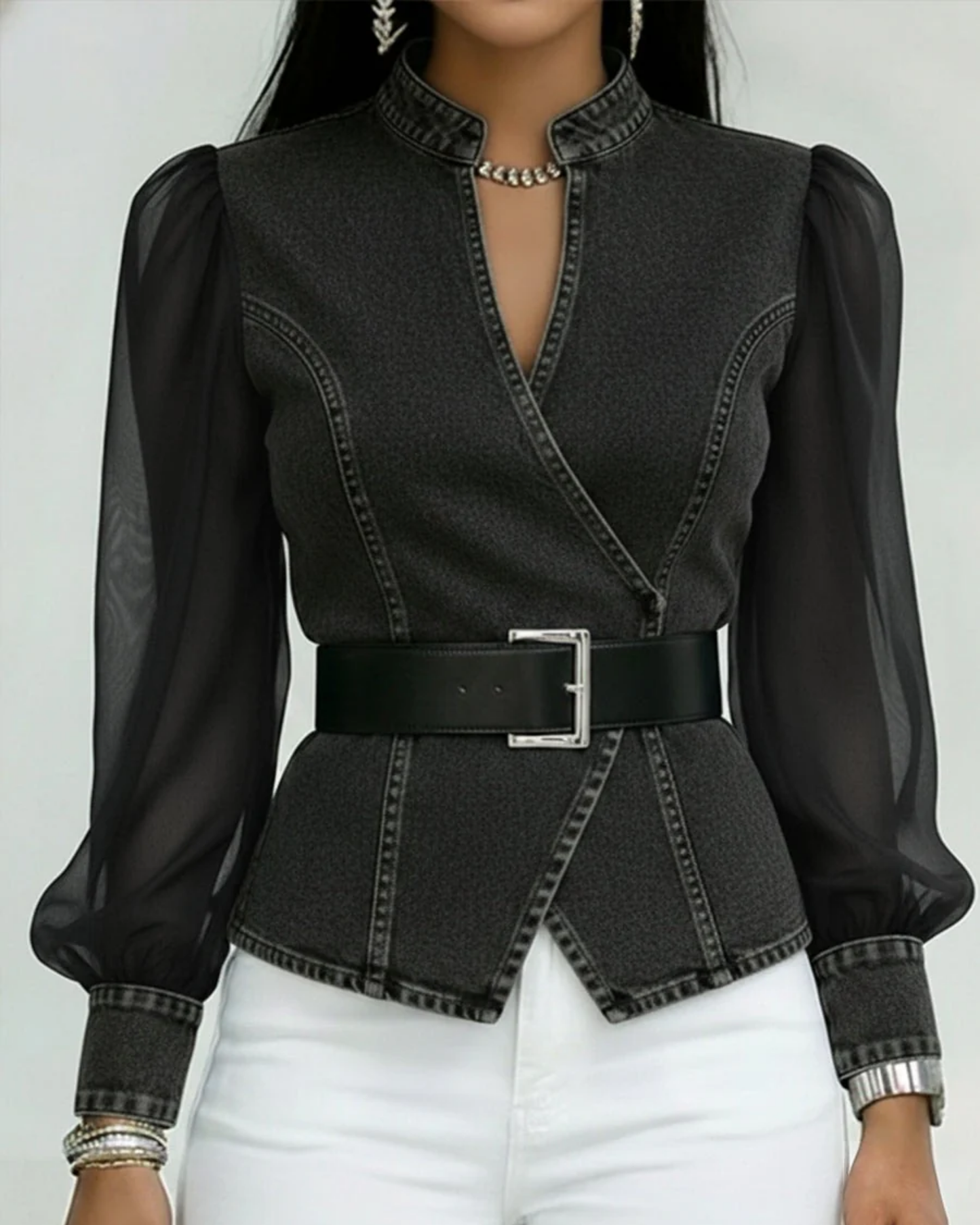 Zaya™ - Blusa Jeans com Mangas de Chiffon Fluido