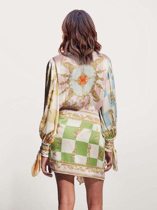 VESTIDO TIPO CAMISA DE CETIM ESTAMPADO