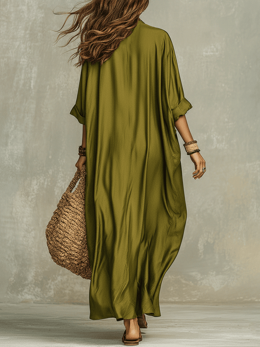 Vestido maxi boémio verde oliva folgado