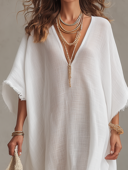 Vestido midi folgado com decote em V