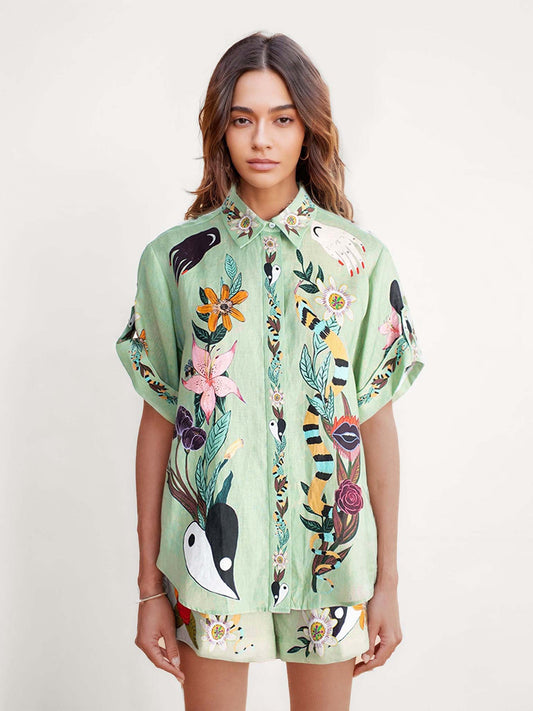CONJUNTO CAMISA E CALÇÕES ESTAMPADO TROPICAL