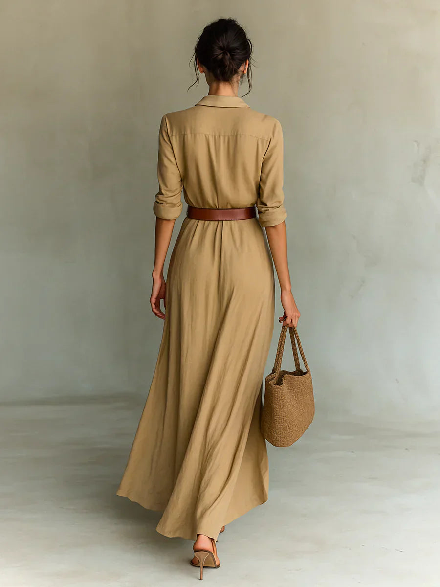 Camille™ | Vestido maxi com lapela e cinto na cintura