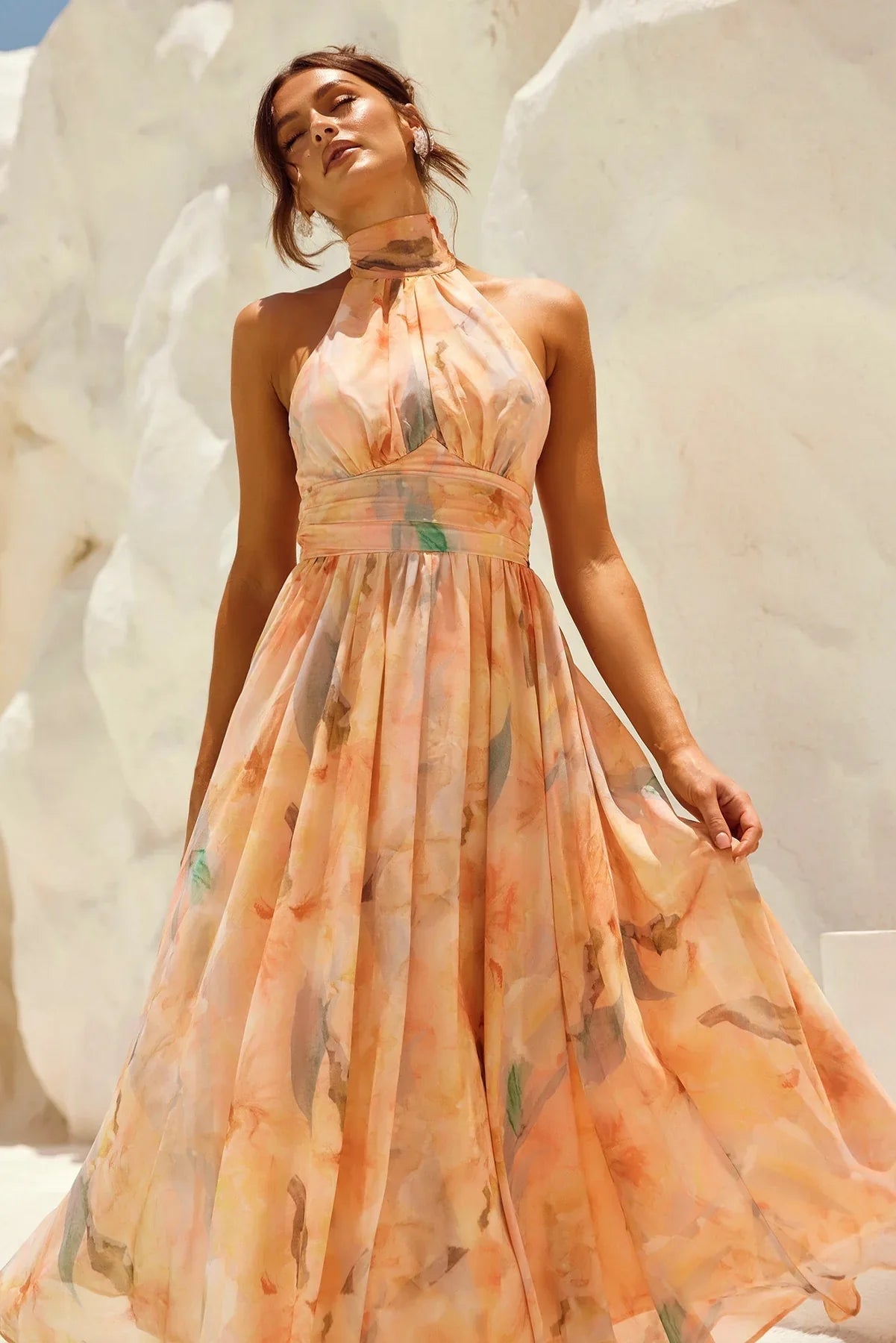 VESTIDO MIDI HALTER TONS PASTEIS AGUARELA