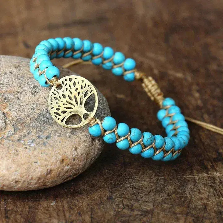 Pulseira Árvore da Vida em Pedra Turquesa Feita à Mão