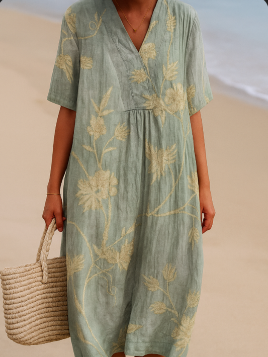 Clementina - Vestido Azul-Cinza com Bordado Floral