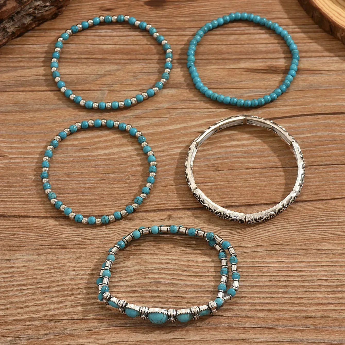 Conjunto de Pulseiras de Pérolas Turquesas Boémio