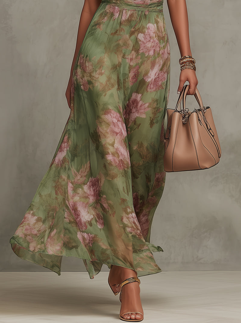 Florine™ | Vestido Maxi Verde com Estampa Floral