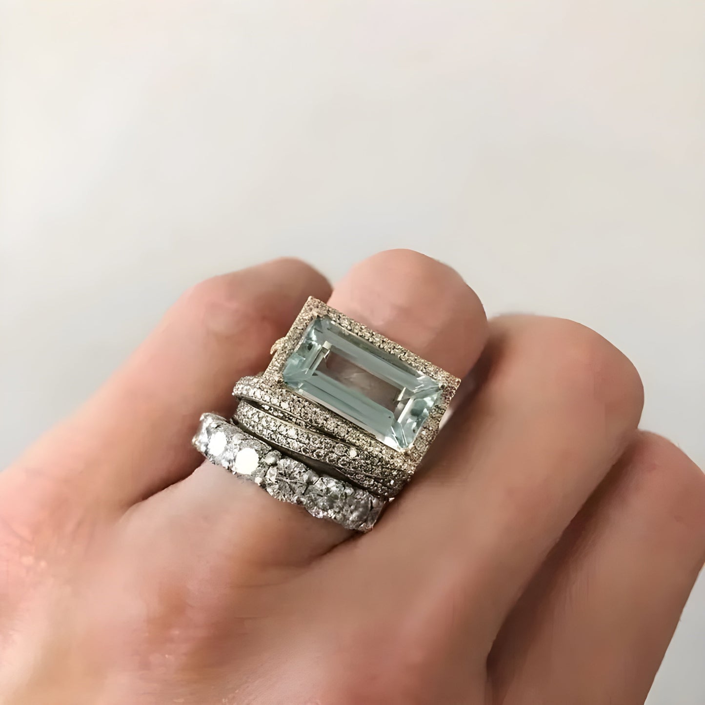 Conjunto de Anéis em Vidro Turquesa e Prata Vintage