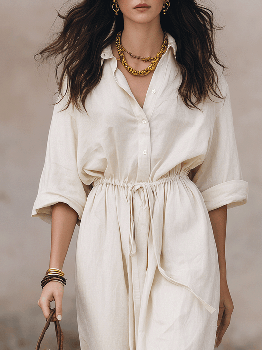 Vestido maxi boémio tipo camisa sem esforço com cordão na cintura
