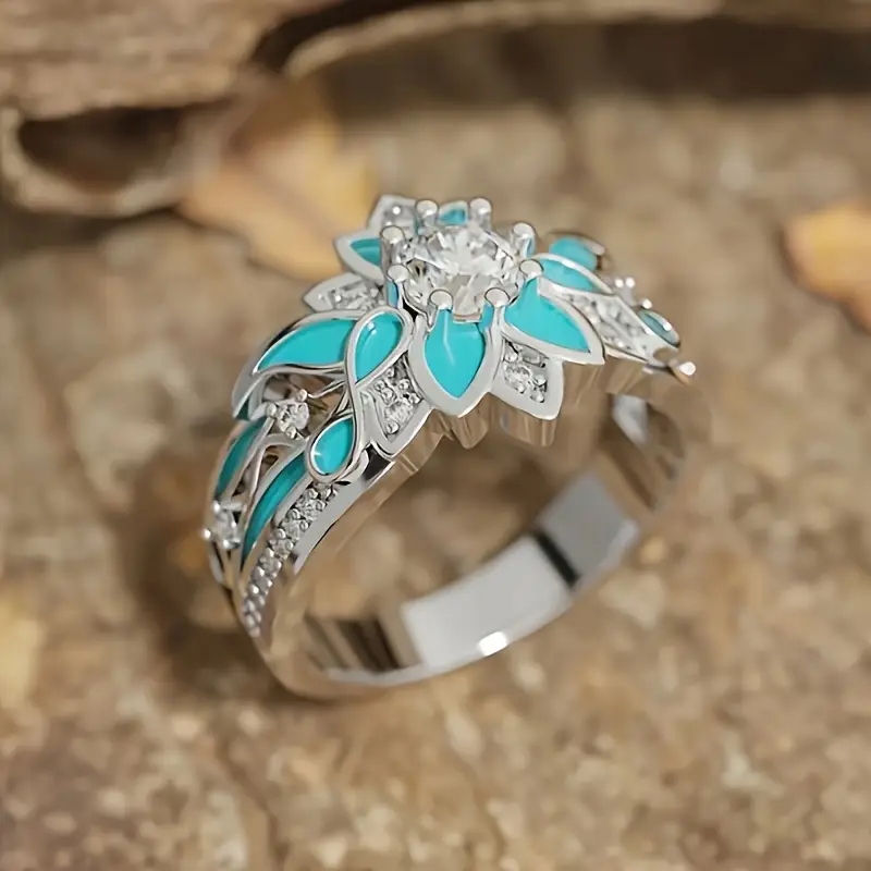 Anel Elegante em Cristal Turquesa em Forma de Flor