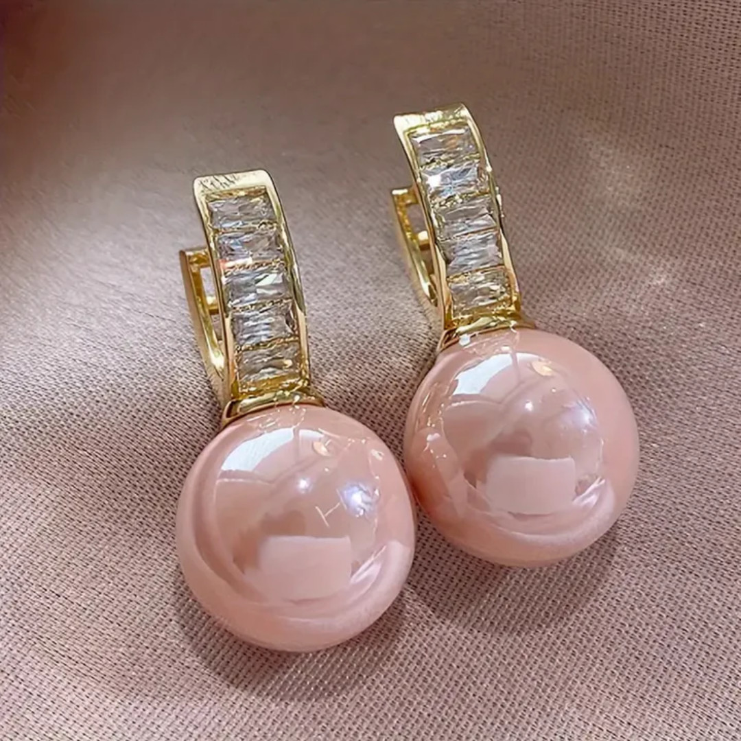 Brincos Dourados com Pérola Rosa e Zircónia