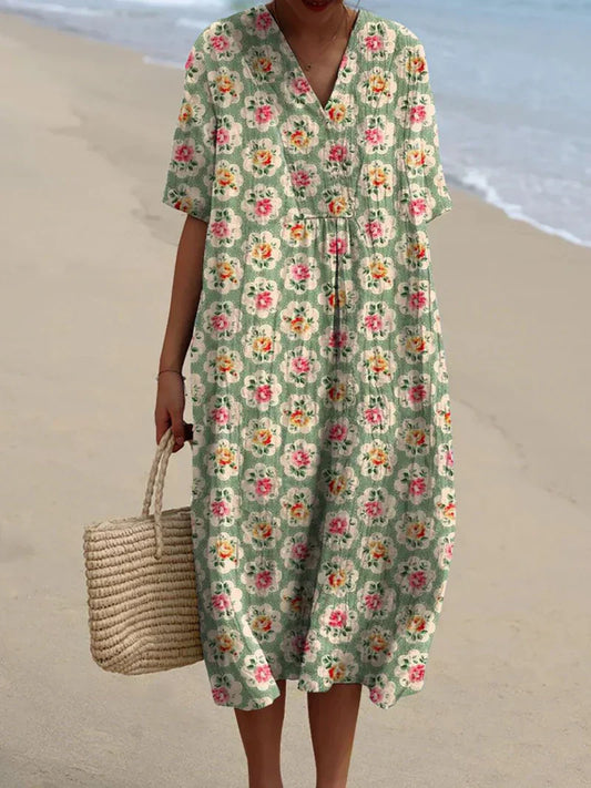Eulállia - Vestido Floral Retro em Verde Água