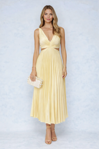 VESTIDO MIDI PLISSADO COM DECOTE CRUZADO
