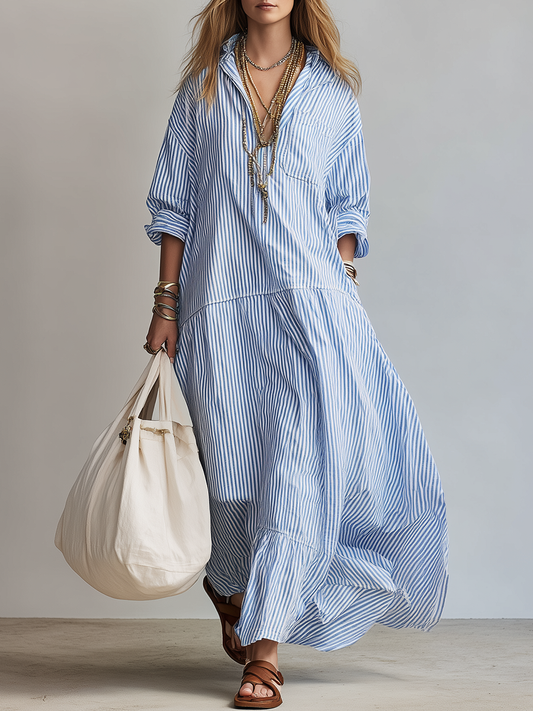 Vestido maxi de riscas azuis de estilo camisero folgado