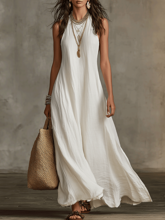 Vestido maxi boémio sem mangas de caimento fluido