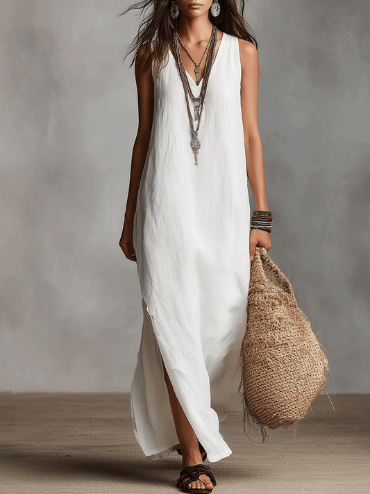 Vestido maxi branco sem mangas com decote em V