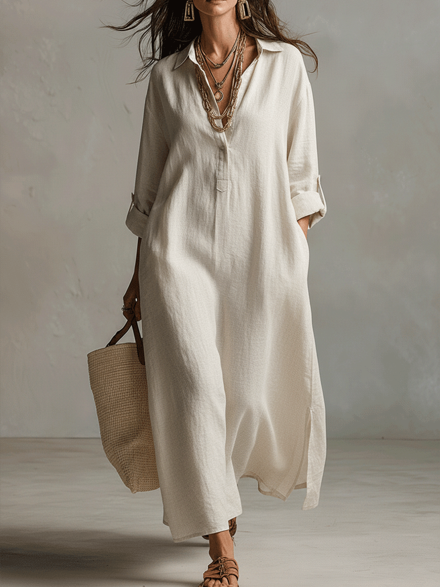 Vestido camisero maxi vintage leve em creme natural