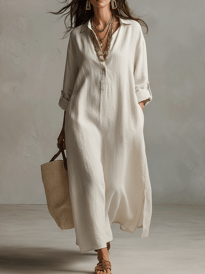 Vestido camisero maxi vintage leve em creme natural