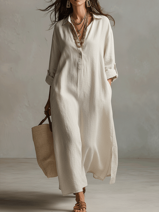Vestido camisero maxi vintage leve em creme natural