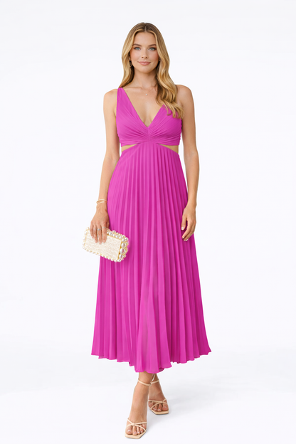 VESTIDO MIDI PLISSADO COM DECOTE CRUZADO