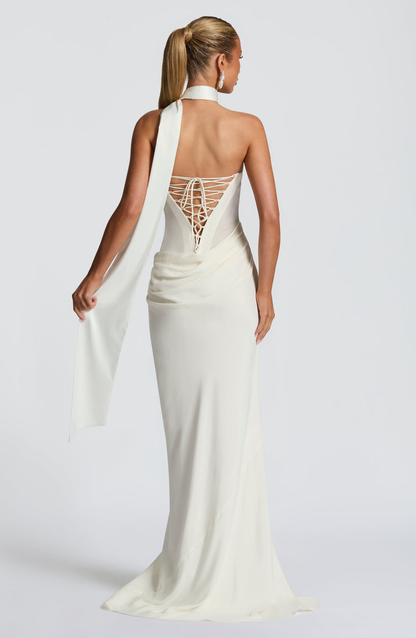VESTIDO COMPRIDO DRAPEADO COSTAS CORSELETE