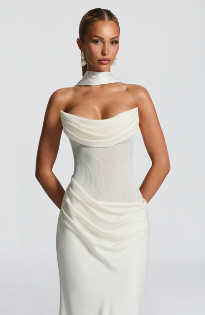 VESTIDO COMPRIDO DRAPEADO COSTAS CORSELETE