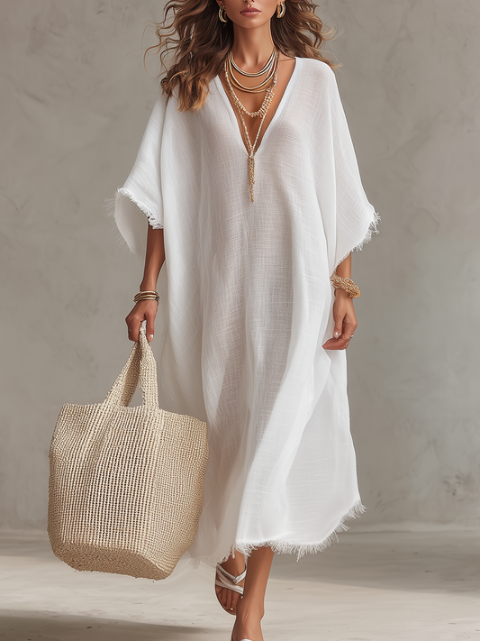 Vestido midi folgado com decote em V