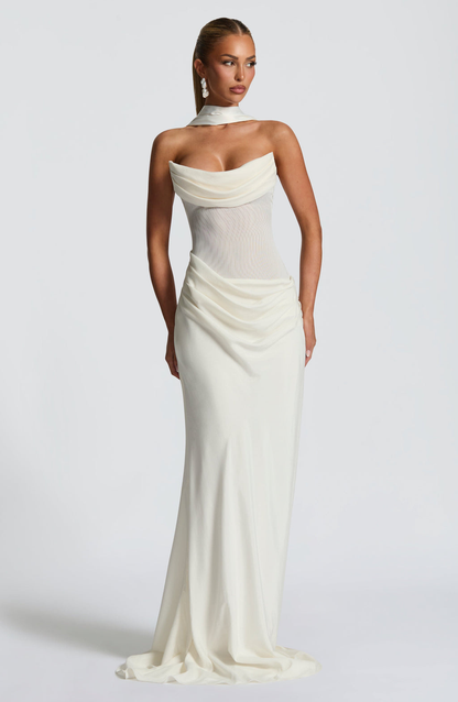 VESTIDO COMPRIDO DRAPEADO COSTAS CORSELETE