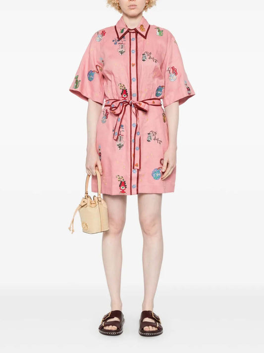 MINIVESTIDO CAMISEIRO BORDADO COM MOTIVOS BOTÂNICOS EM ROSA