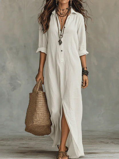Soline™ | Vestido maxi negro folgado com botões