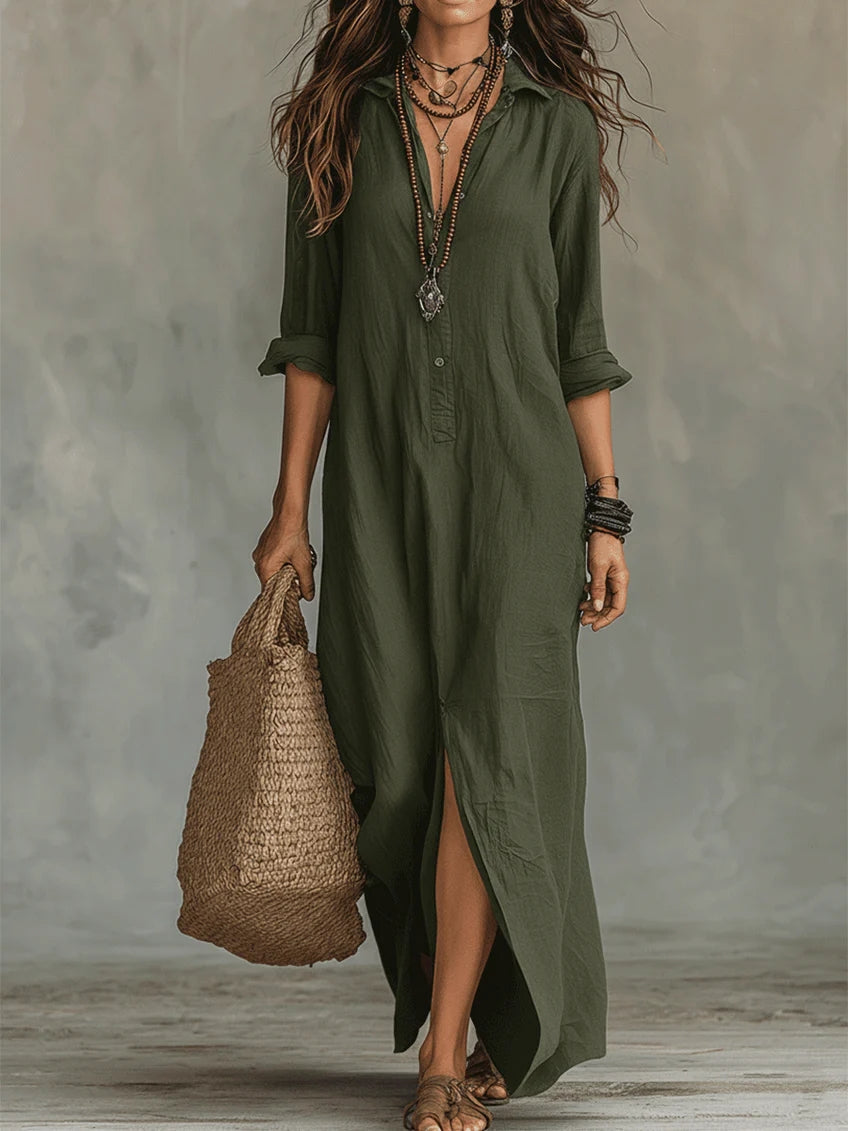 Soline™ | Vestido maxi negro folgado com botões