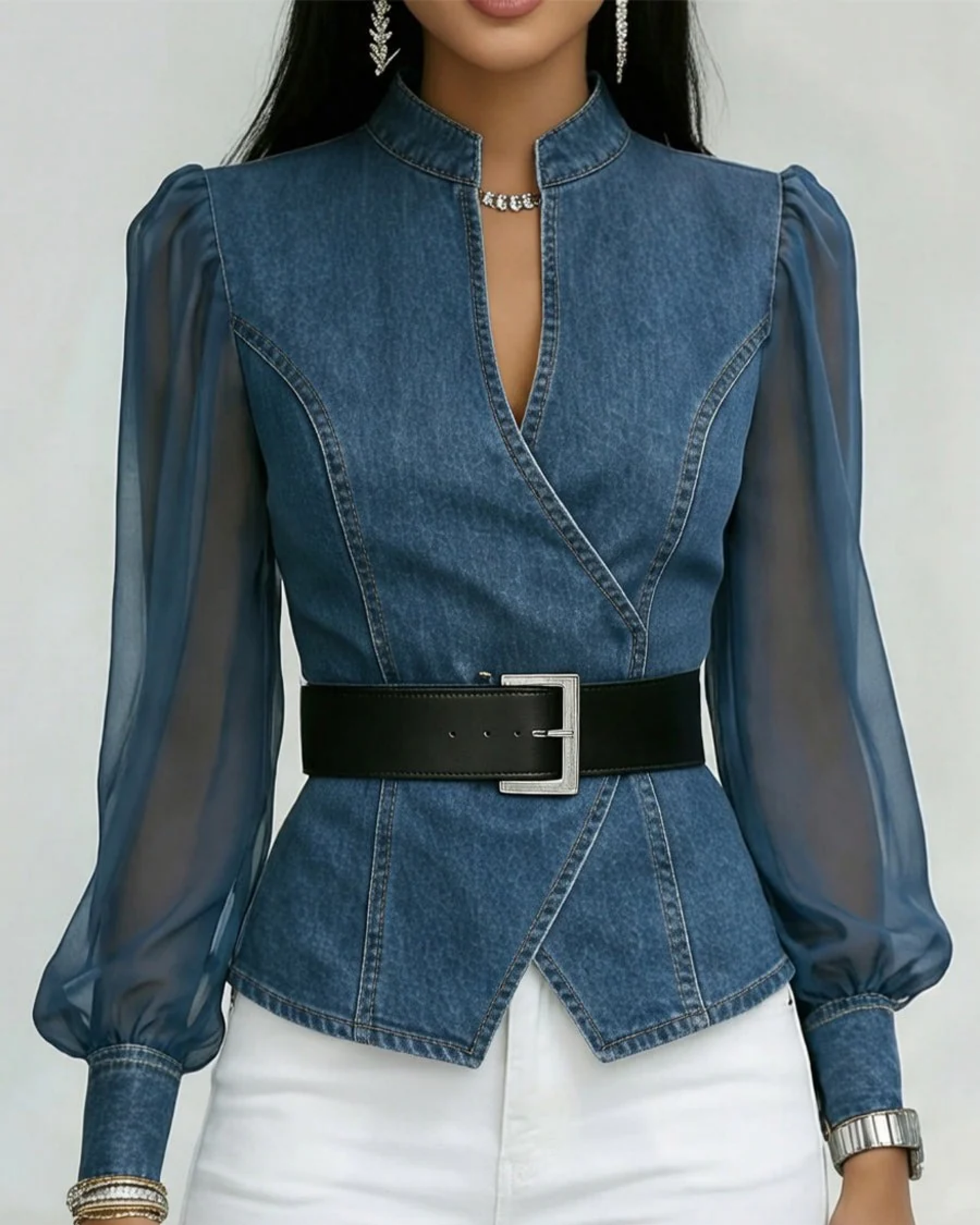 Zaya™ - Blusa Jeans com Mangas de Chiffon Fluido