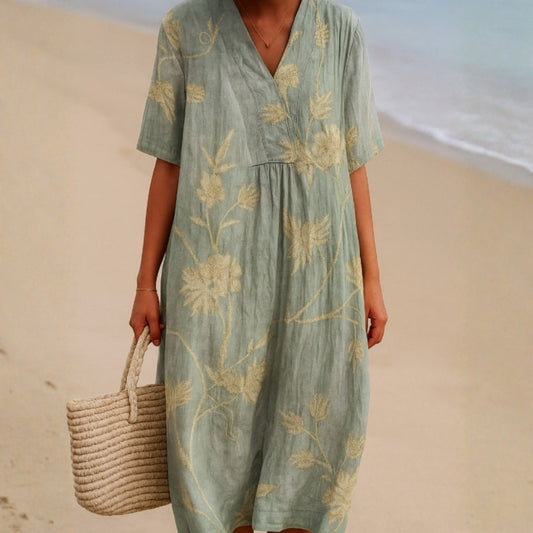 Clementina - Vestido Azul-Cinza com Bordado Floral