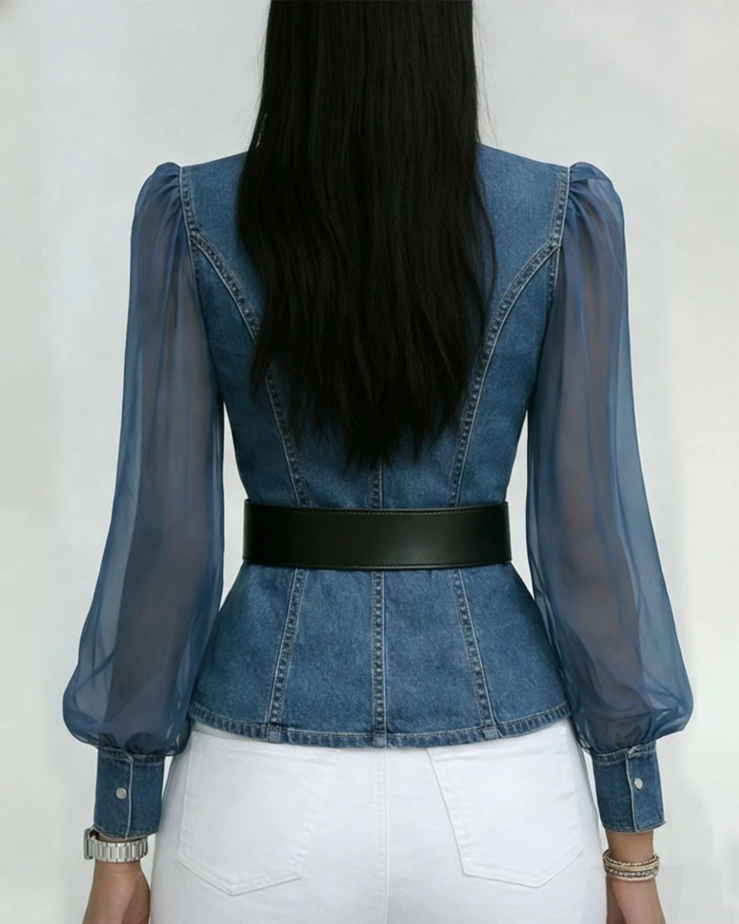 Zaya™ - Blusa Jeans com Mangas de Chiffon Fluido