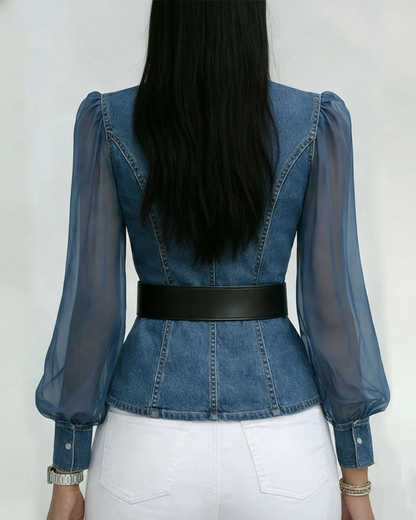 Zaya™ - Blusa Jeans com Mangas de Chiffon Fluido
