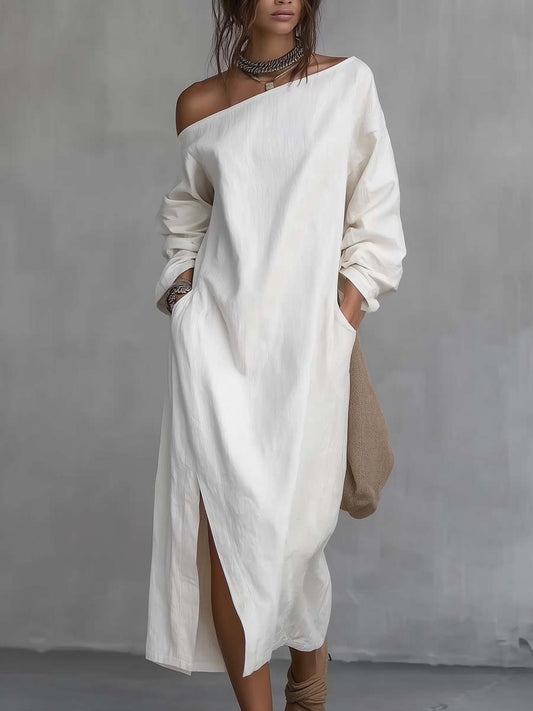 Vestido midi folgado de um só ombro com abertura