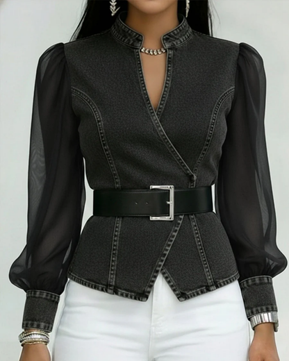 Zaya™ - Blusa Jeans com Mangas de Chiffon Fluido