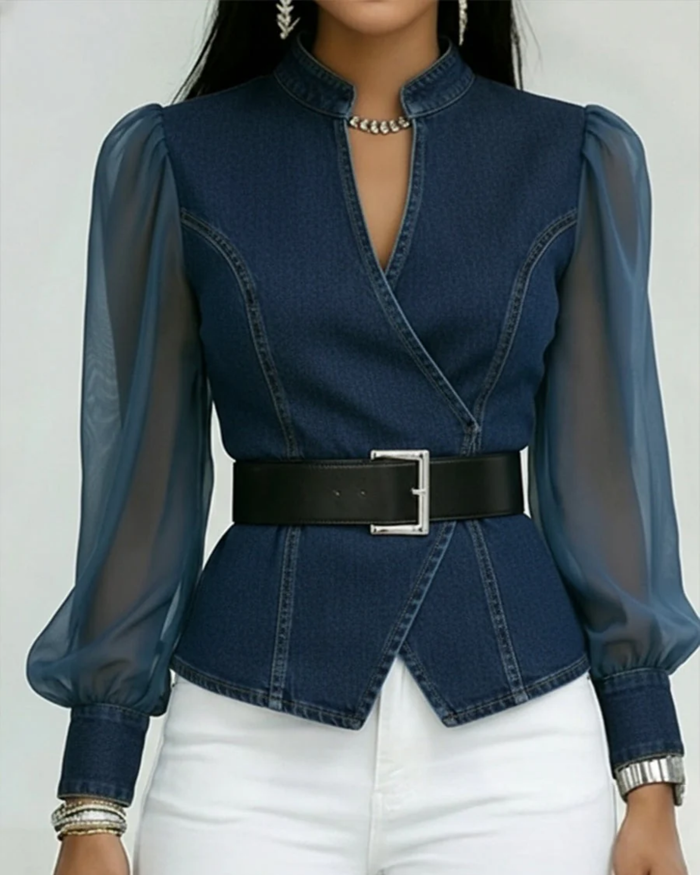 Zaya™ - Blusa Jeans com Mangas de Chiffon Fluido