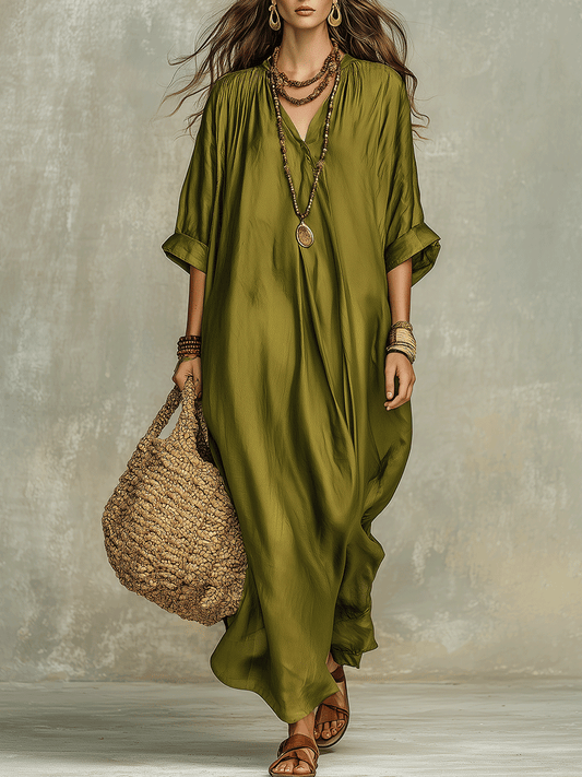 Vestido maxi boémio verde oliva folgado