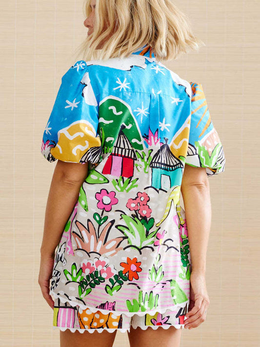 CONJUNTO ESTAMPADO DE DUAS PEÇAS – ESTILO CAMISEIRO