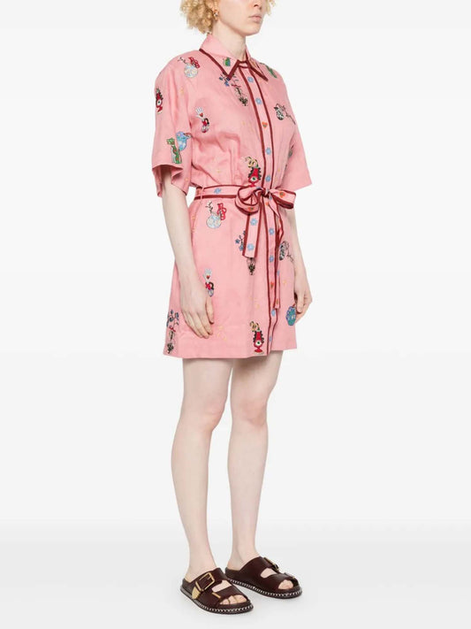 MINIVESTIDO CAMISEIRO BORDADO COM MOTIVOS BOTÂNICOS EM ROSA