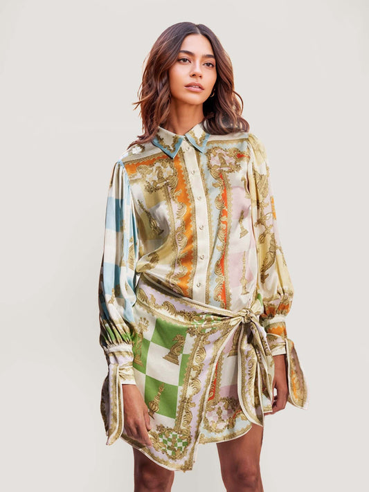 VESTIDO TIPO CAMISA DE CETIM ESTAMPADO
