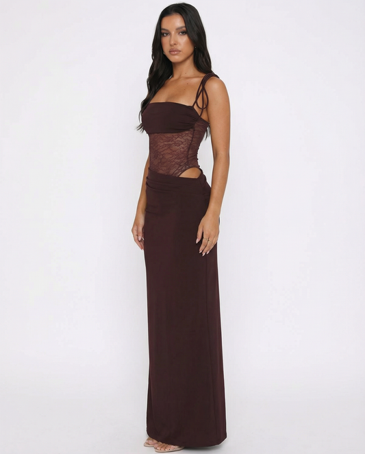 VESTIDO COMPRIDO COM PAINEL DE RENDA E CORTE AJUSTADO