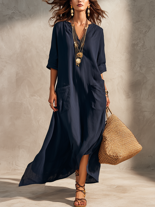 Vestido camisero boémio azul meia-noite