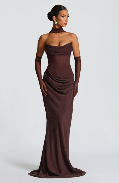VESTIDO COMPRIDO DRAPEADO COSTAS CORSELETE