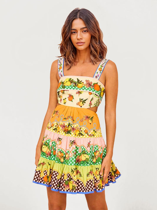 VESTIDO MINI ESTAMPADO COM DECOTE DIREITO