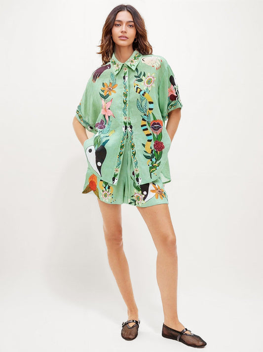 CONJUNTO CAMISA E CALÇÕES ESTAMPADO TROPICAL